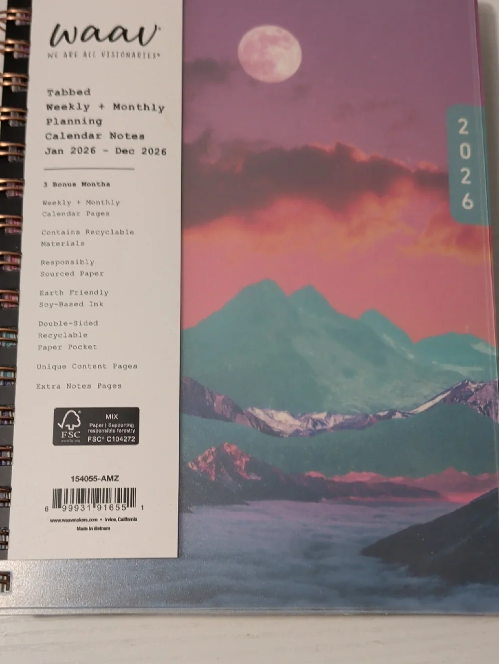 WAAV 2026 Tabbed Weekly + Monthly Planner - Pink Purple Mountain Cover